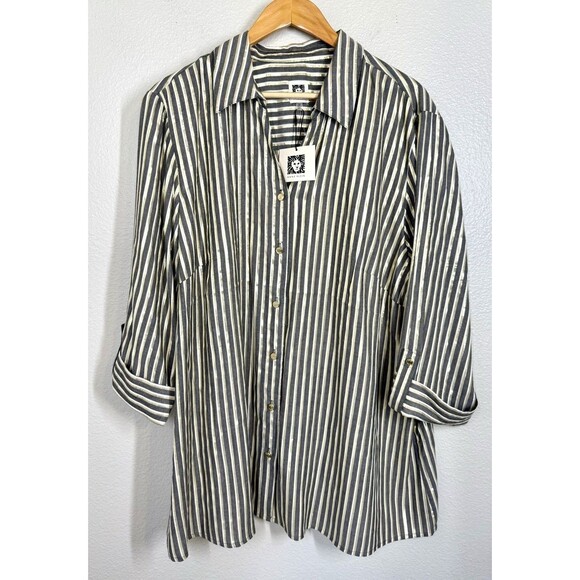 NWT Anne Klein Metallic Gold Gray Striped Button Down Shirt 2X Blouse 3/4 Sleeve - Picture 1 of 11